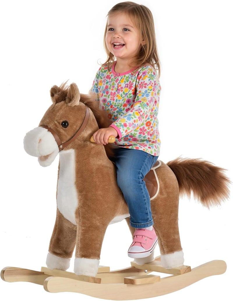 Qaba Rocking Horse Plush Animal on Wooden Rockers, Baby Rocking Chair with Sounds, Moving Mouth, Wagging Tail, Brown - Image 1